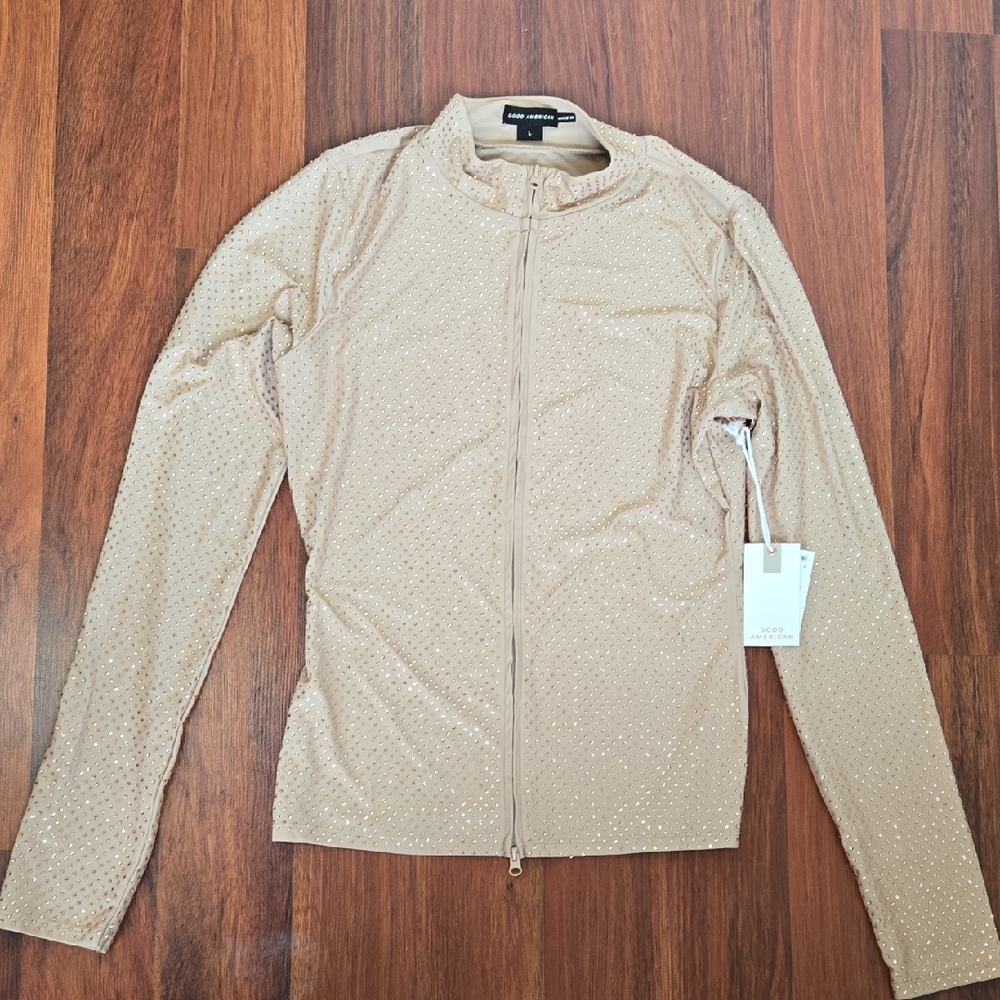 ✨ Good American Taupe Studded Full-Zip Long Sleeve Top – Size 3 (Large) – NWT